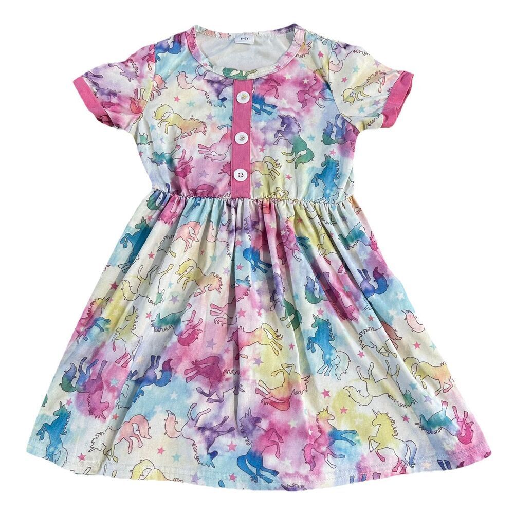 Unicorns and Stars Dress Pastel Rainbow with Pink Trim Short Sleeves Girls 5/6Y